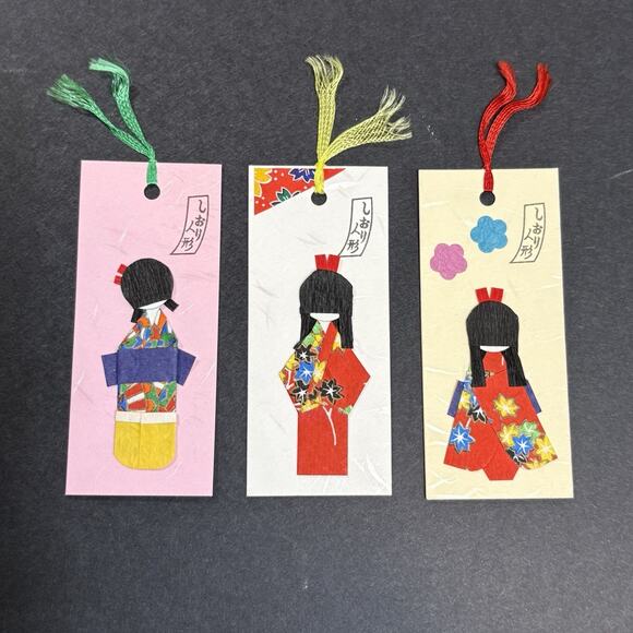 Handmade Japanese Bookmarks Set Of 3 Kimono Origami Paper Shiori Dolls w/Pocket - Picture 2 of 11